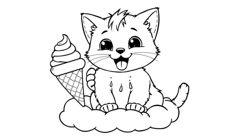 Placa de color de un gatito kawaii con un helado gigante, listo para colorear.