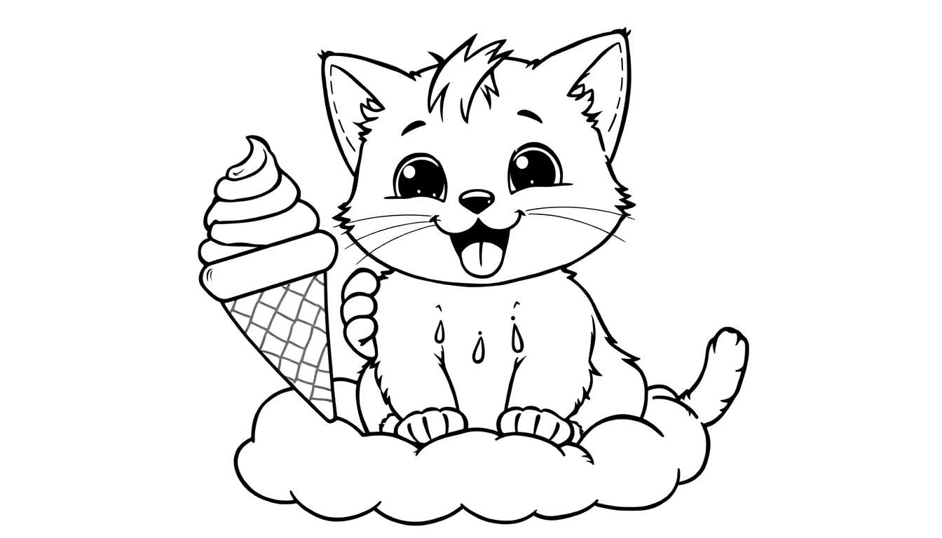 Placa de color de un gatito kawaii con un helado gigante, listo para colorear.