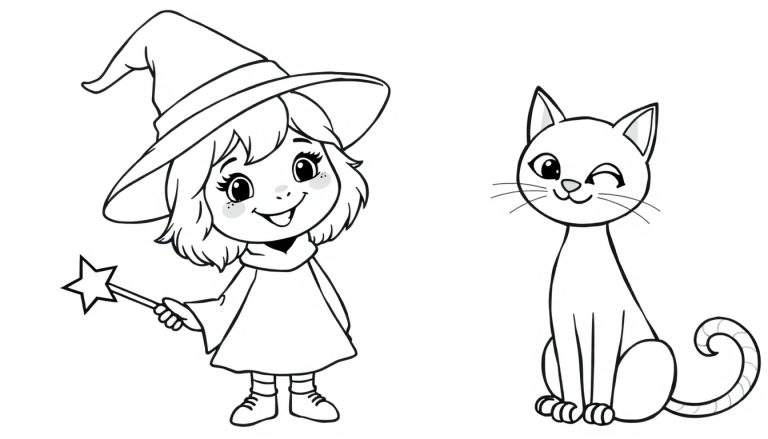 Página para colorear de una niña bruja amigable con su gato negro, un sombrero puntiagudo y una varita mágica en blanco y negro.