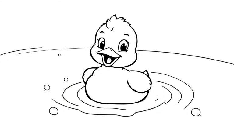 Placa de color de un patito sonriente nadando con burbujas.