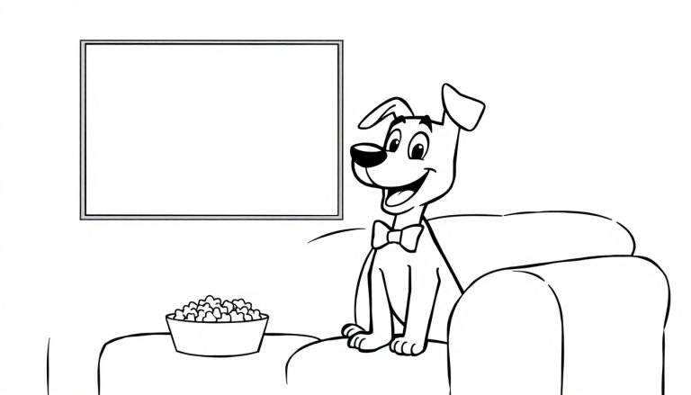 Perro de dibujos animados sonriente con pajarita y tazón de palomitas viendo la televisión, página para colorear de la placa de color.