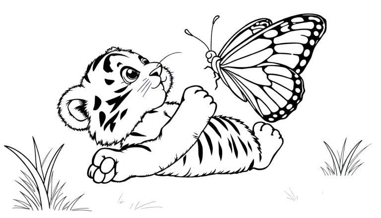 Un cachorro de tigre blanco y negro con ojos curiosos jugando con una mariposa en blanco y negro, estilo de dibujo lineal para colorear, con hierba en el entorno.