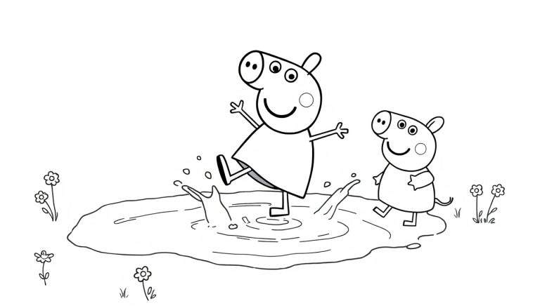 Placa de color de Peppa Pig y George Pig jugando en un charco de barro.