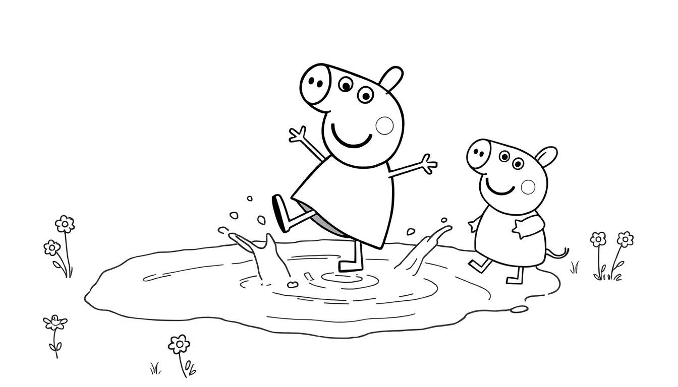 Placa de color de Peppa Pig y George Pig jugando en un charco de barro.