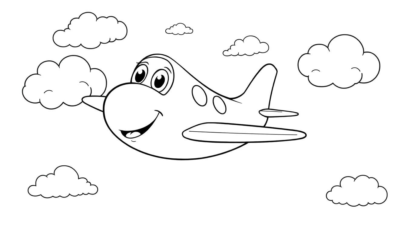 Placa de color de un avión sonriente volando entre nubes.