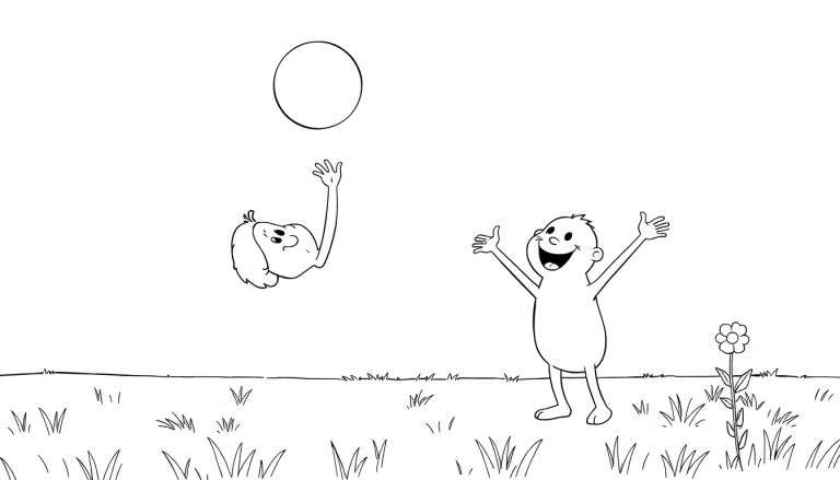 Placa de color: Bing salta para atrapar un balón mientras su amigo Flop espera, en un campo con una flor.