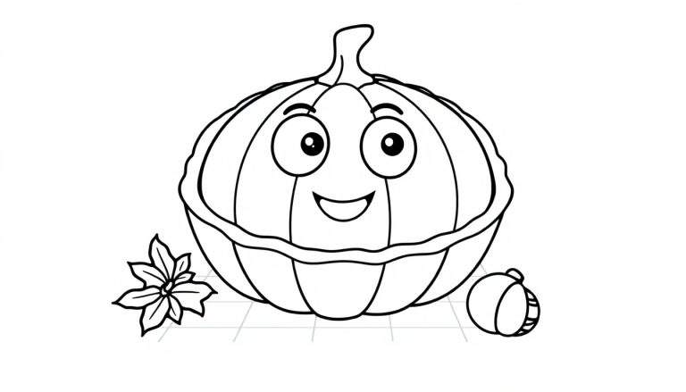 Placa de color de calabaza sonriente con flor y pequeña calabaza.