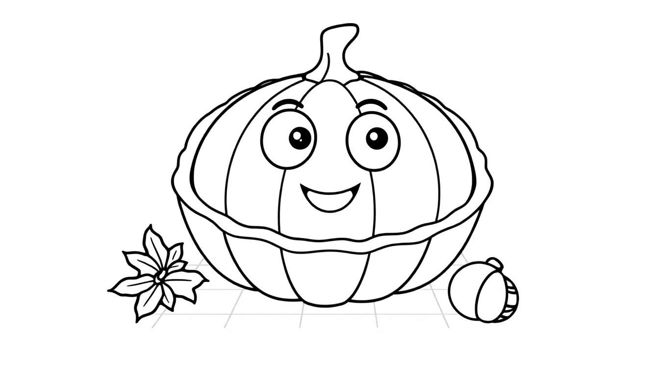 Placa de color de calabaza sonriente con flor y pequeña calabaza.