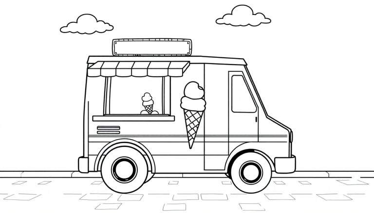 Placa de color de un camión de helados de dibujos animados en blanco y negro