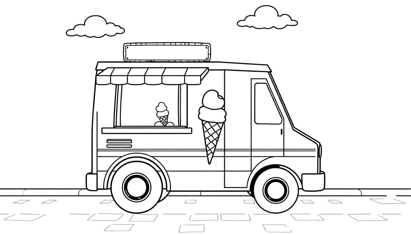 Placa de color de un camión de helados de dibujos animados en blanco y negro