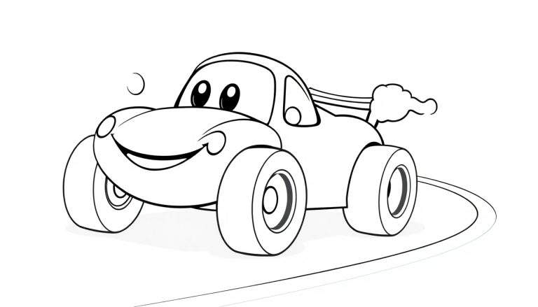 Un coche de carreras sonriente y sonriente listo para colorear con un rastro de humo, en una pista curva.