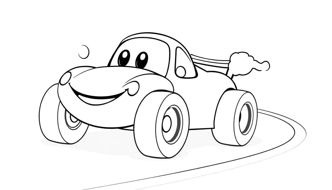 Un coche de carreras sonriente y sonriente listo para colorear con un rastro de humo, en una pista curva.