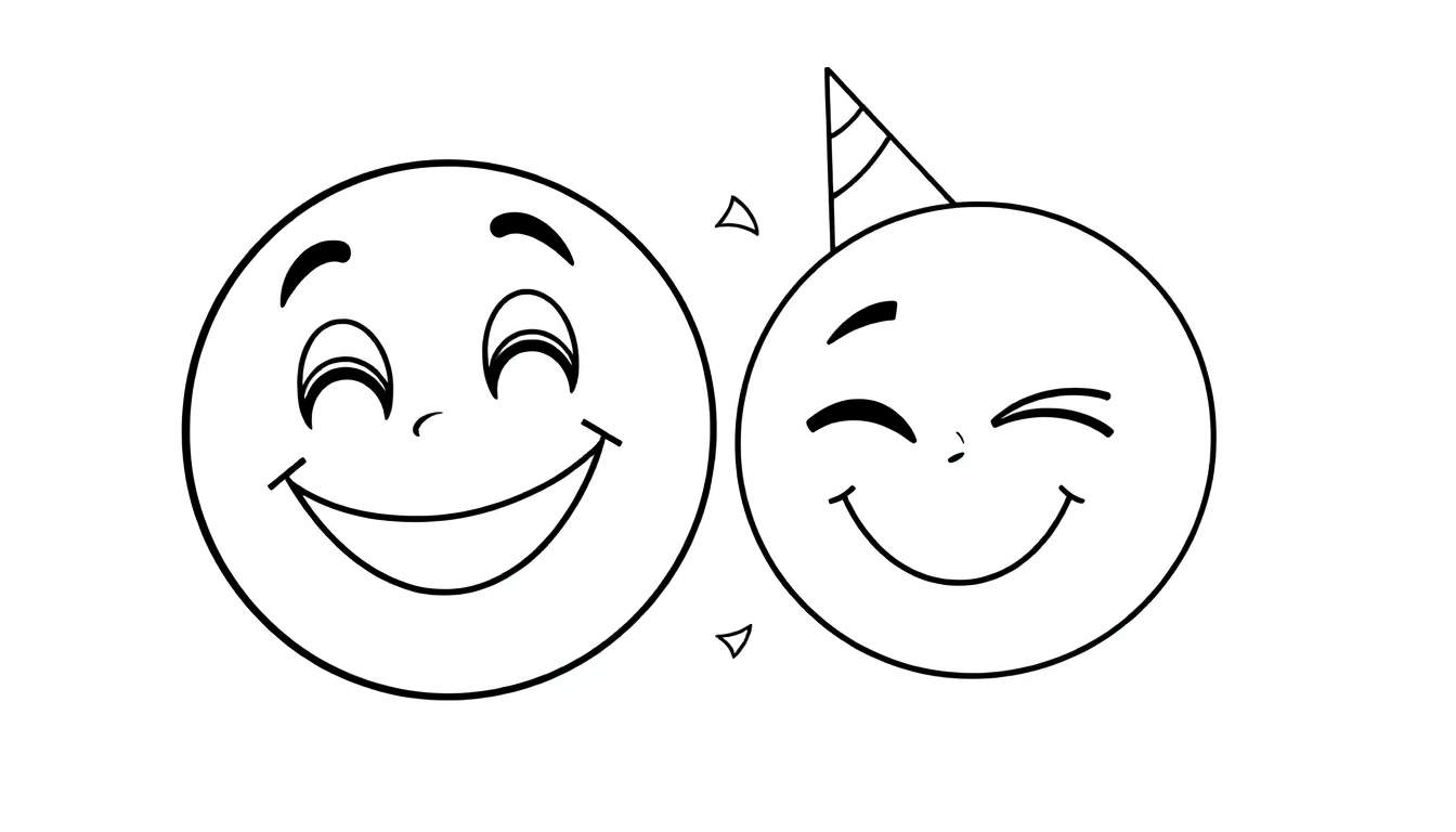Una placa de color con dos alegres emoticones, uno sonriendo con los ojos cerrados y otro con un gorro de fiesta.