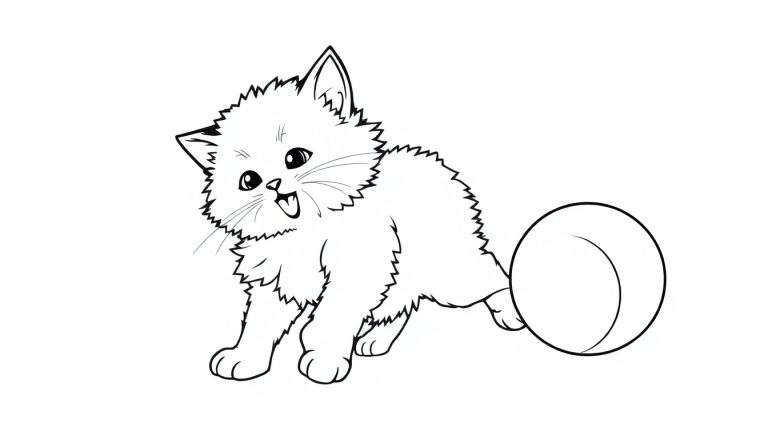 Un gatito juguetón en una placa de color listo para colorear, con una pelota.