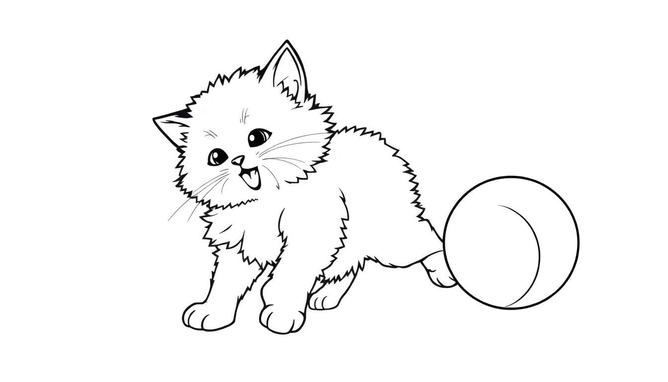 Un gatito juguetón en una placa de color listo para colorear, con una pelota.