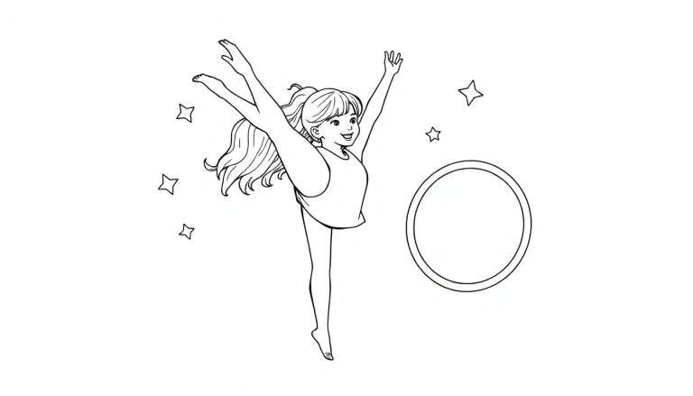 Placa de color de una niña gimnasta haciendo una división vertical con un aro y estrellas.