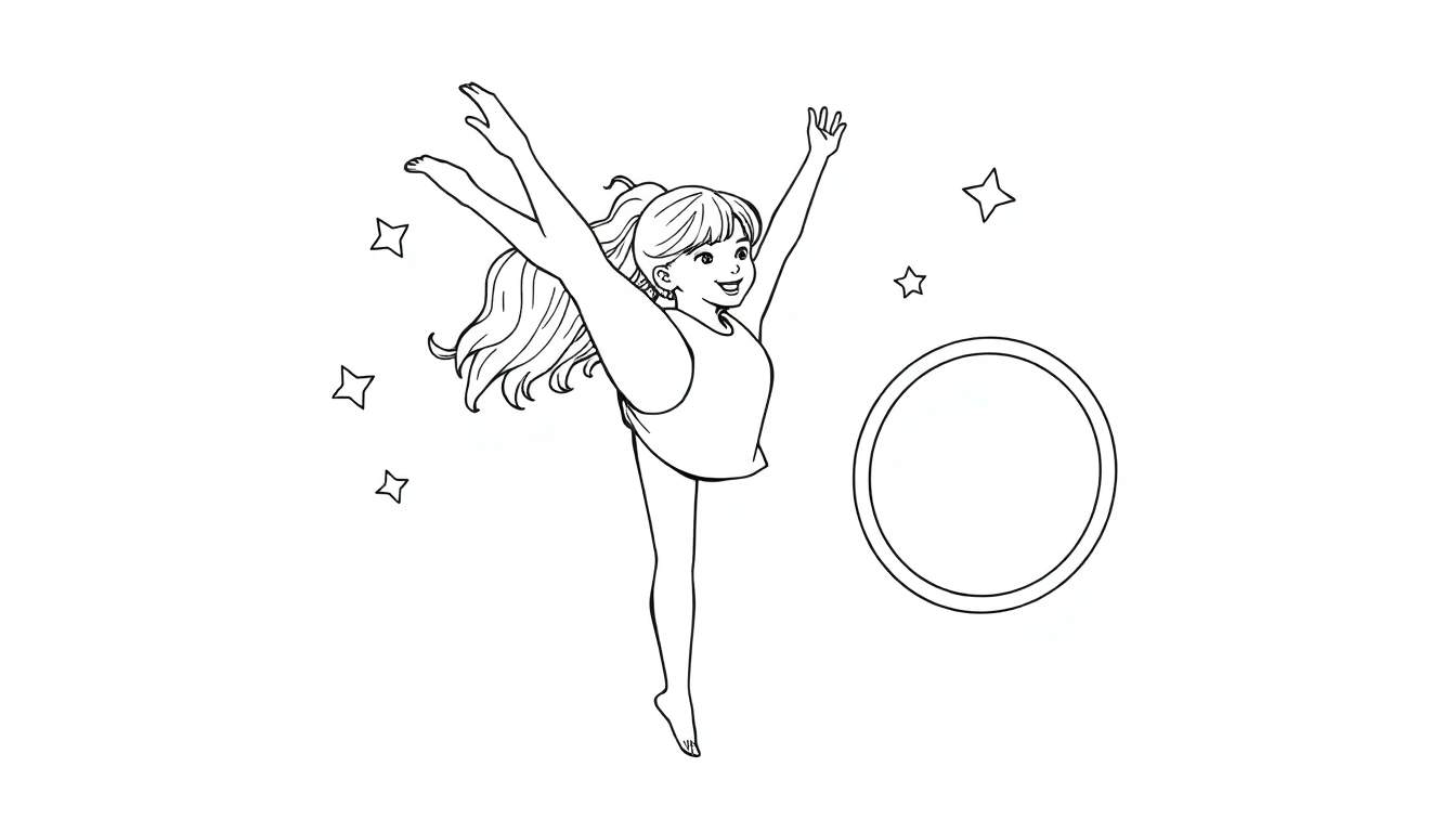 Placa de color de una niña gimnasta haciendo una división vertical con un aro y estrellas.