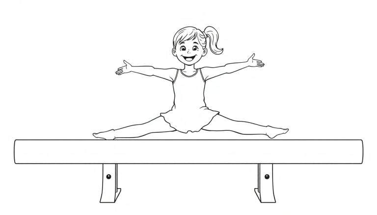 Placa de color de una niña sonriente haciendo un split en una barra de equilibrio.