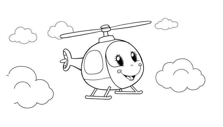 Placa de color de un helicóptero sonriente volando entre nubes.