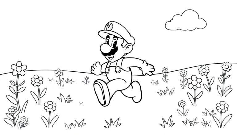 Mario saltando en un campo de flores, una imagen para colorear.