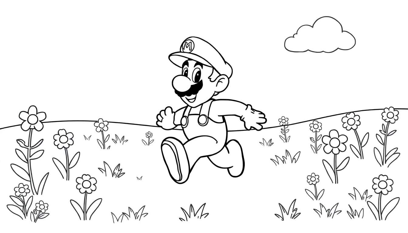 Mario saltando en un campo de flores, una imagen para colorear.