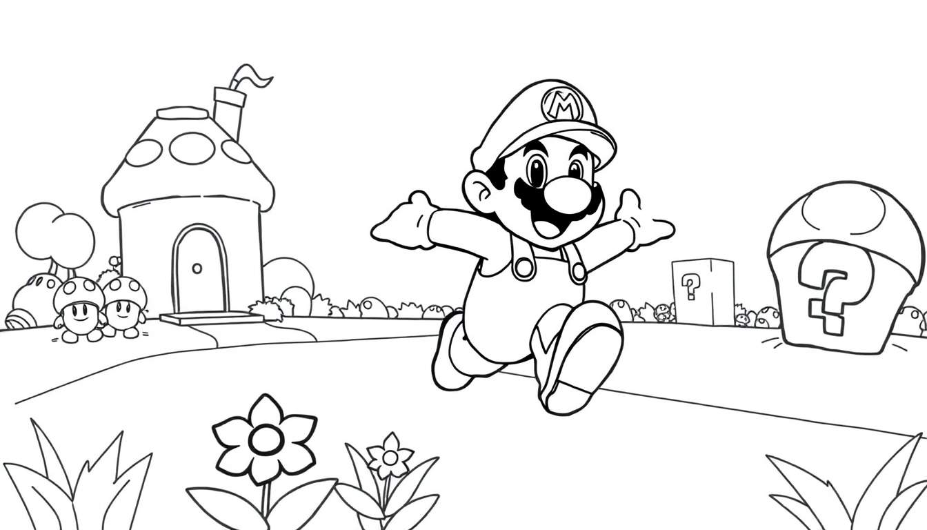 Mario saltando con la placa de color en el Reino Champiñón.