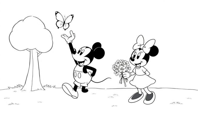 Placa de color de Mickey y Minnie saludando a una mariposa en el campo