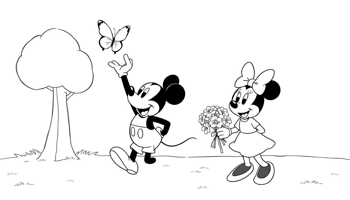 Placa de color de Mickey y Minnie saludando a una mariposa en el campo