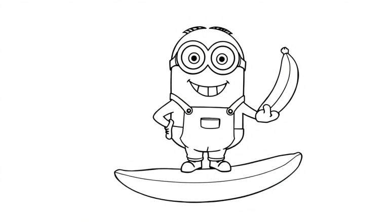 Una placa de color con un Minion adorable sosteniendo un plátano.