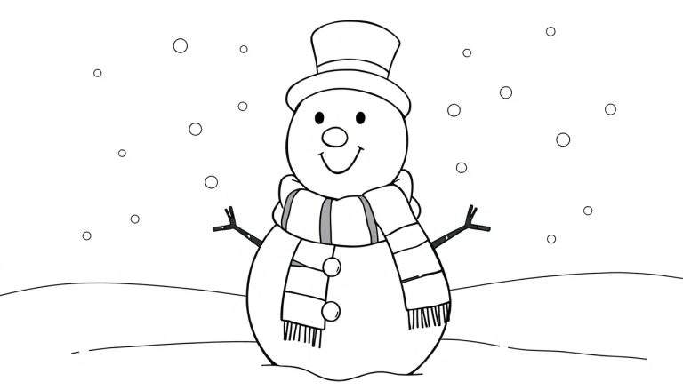 Un muñeco de nieve amigable con sombrero y bufanda, listo para colorear en esta placa de color.