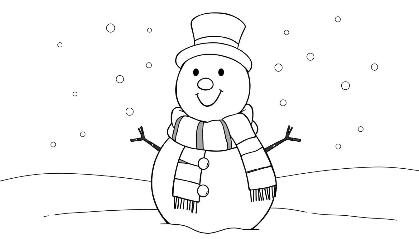 Un muñeco de nieve amigable con sombrero y bufanda, listo para colorear en esta placa de color.