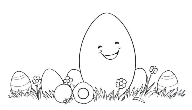 Placa de color con un huevo de Pascua sonriente rodeado de huevos más pequeños y flores en la hierba.