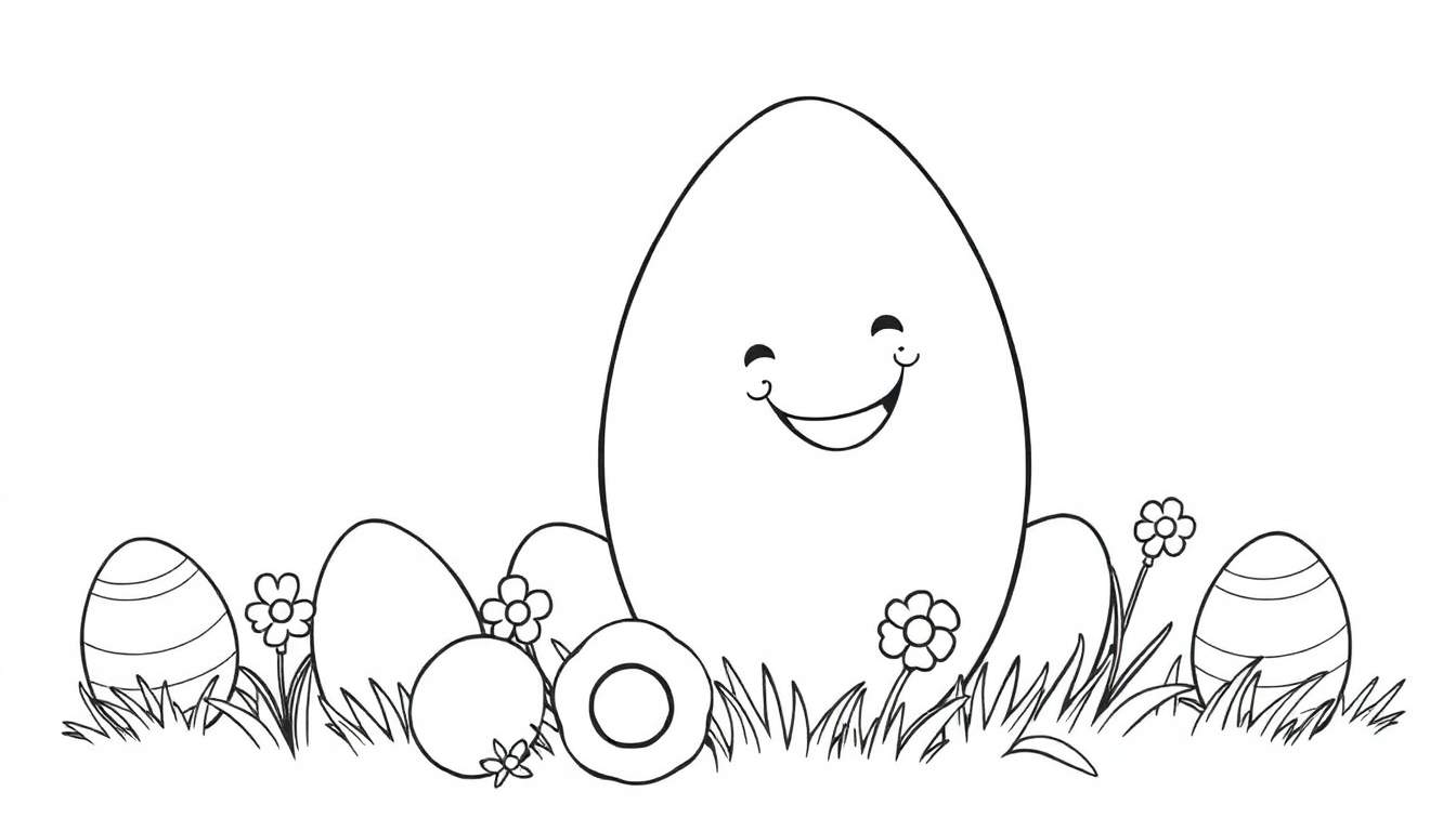 Placa de color con un huevo de Pascua sonriente rodeado de huevos más pequeños y flores en la hierba.