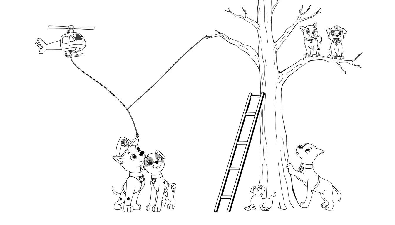 Página para colorear de Paw Patrol: Marshall y otro cachorro son rescatados por un helicóptero, mientras Rubble y Chase ayudan a un gatito en un árbol.