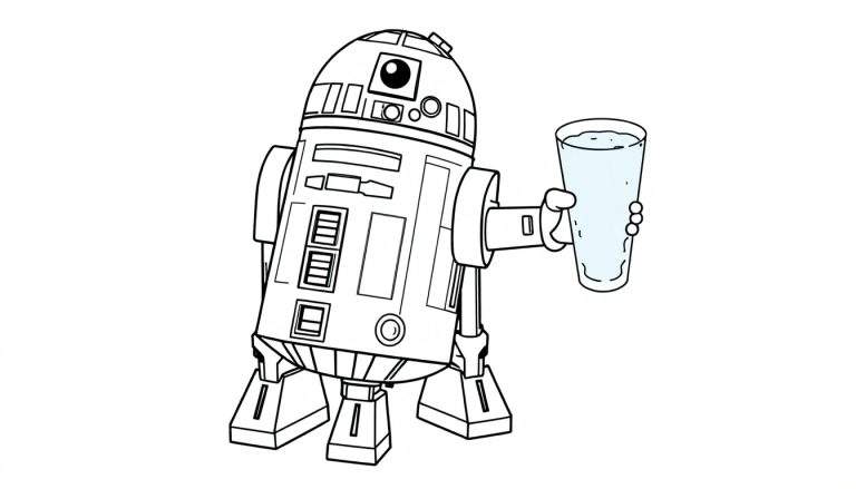 Placa de color de R2-D2 con un vaso de agua.