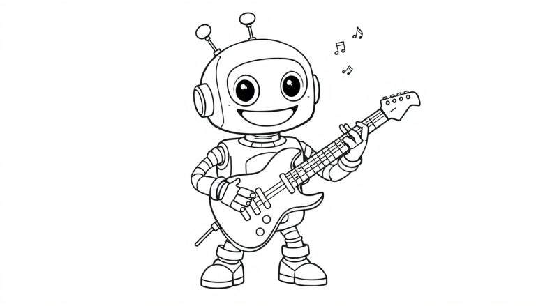 Un robot sonriente tocando la guitarra eléctrica en una placa de color
