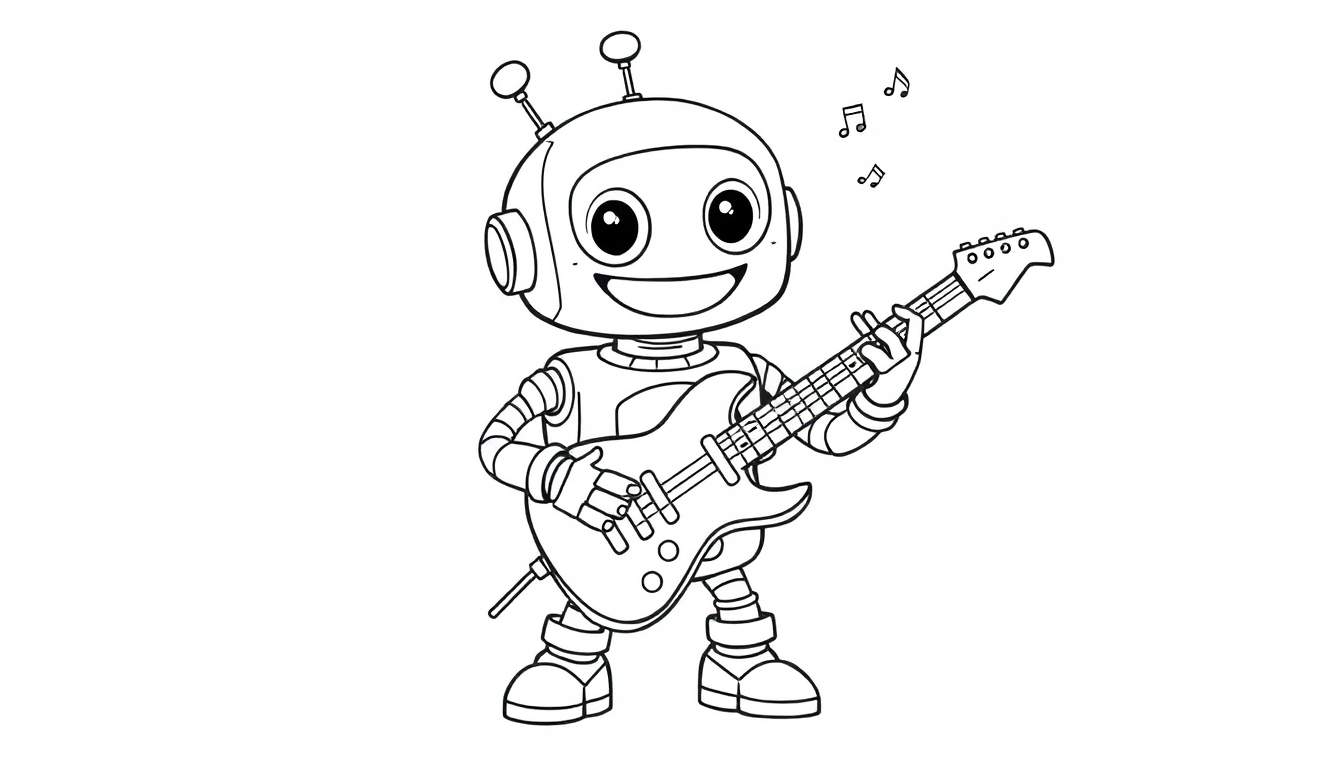 Un robot sonriente tocando la guitarra eléctrica en una placa de color