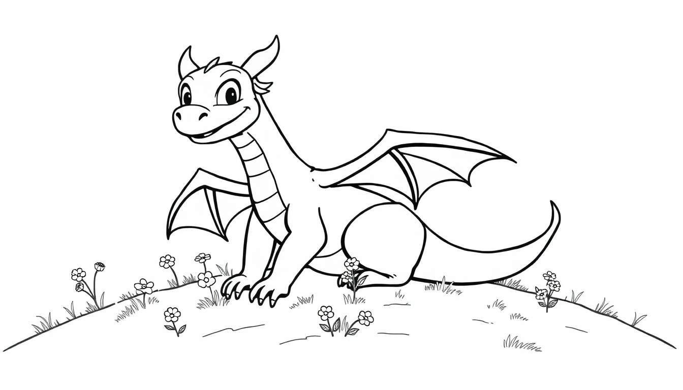 Placa de color de un dragón amigable llamado Smaug sentado en una colina.