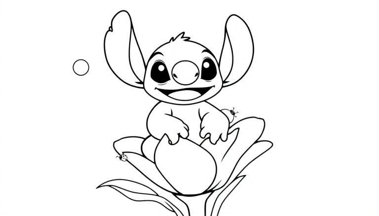 Placa de color con Stitch sentado en una flor.