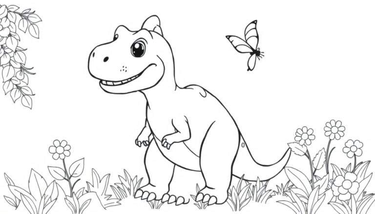 Un dibujo de T-Rex amigable para colorear con una mariposa, listo para la placa de color.