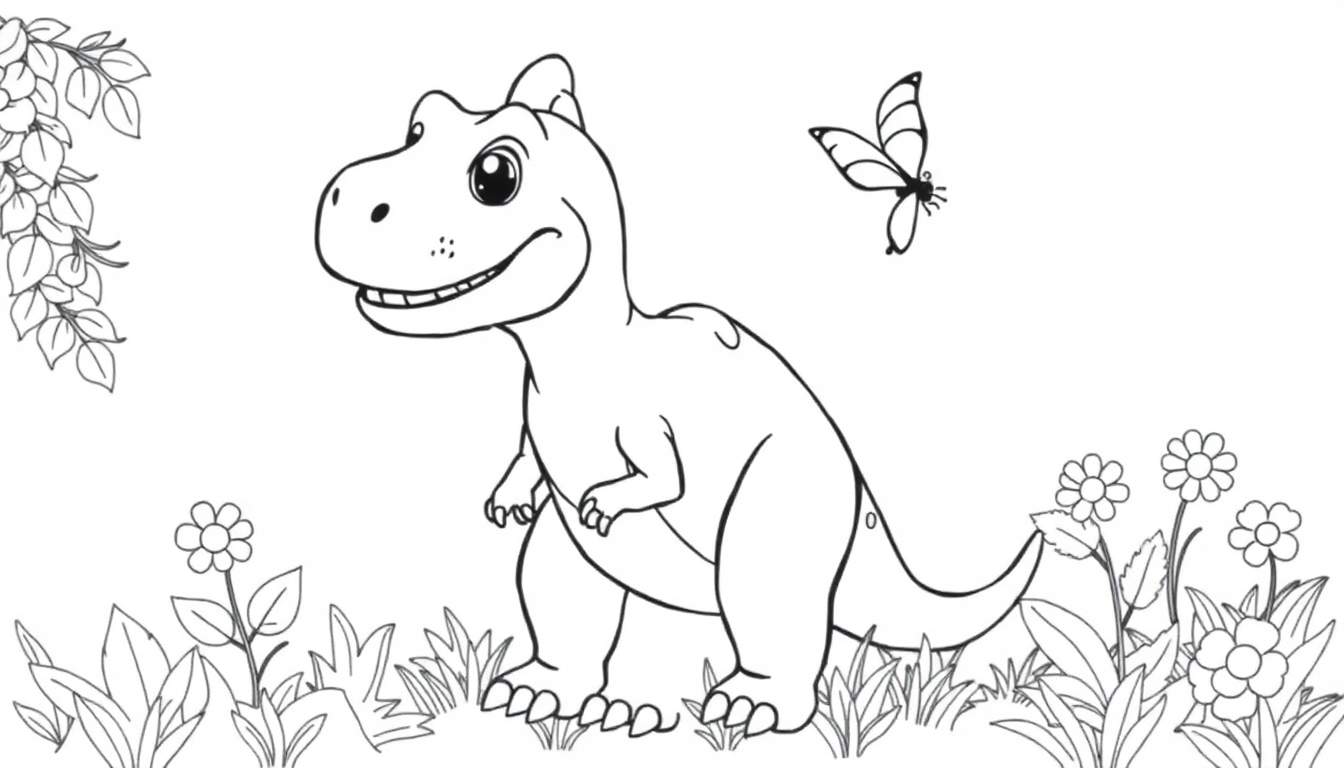 Un dibujo de T-Rex amigable para colorear con una mariposa, listo para la placa de color.