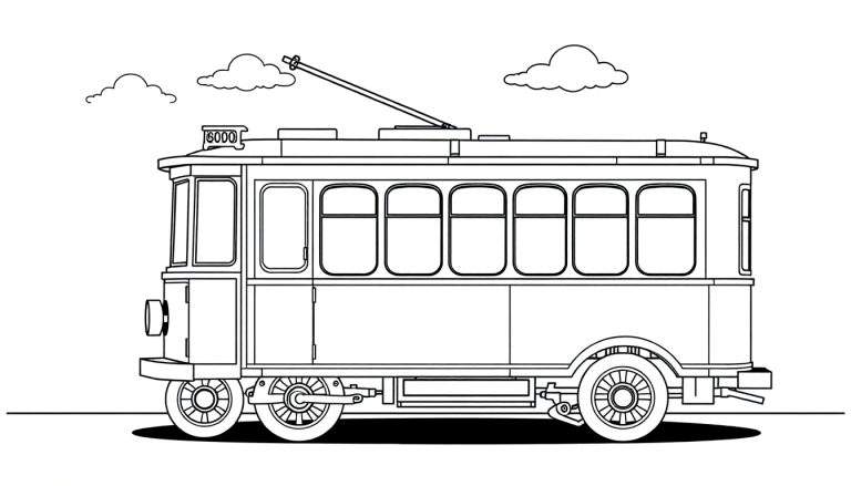 Un dibujo lineal de un tranvía de estilo antiguo para colorear, con la palabra 'placa de color' en él.