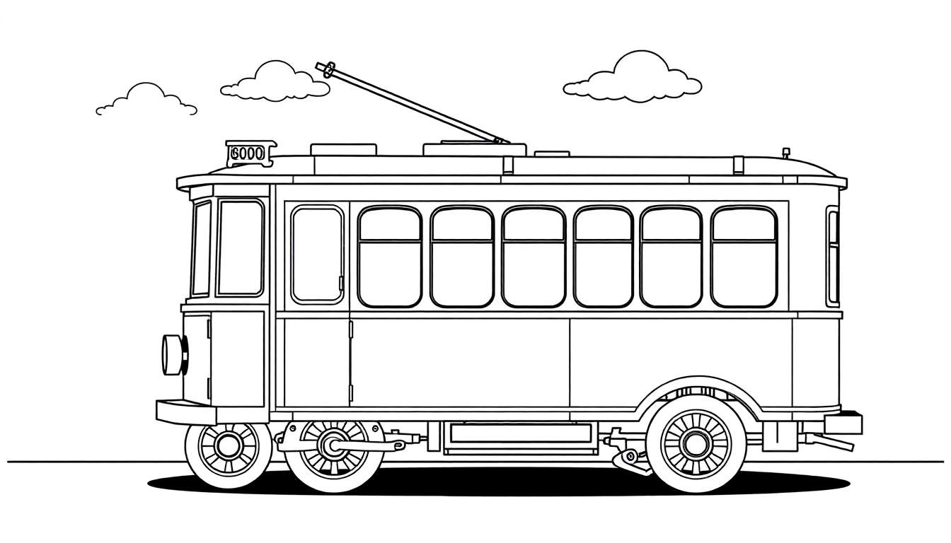 Un dibujo lineal de un tranvía de estilo antiguo para colorear, con la palabra 'placa de color' en él.