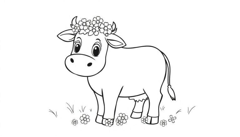 Una linda vaca con flores en blanco y negro para colorear, una placa de color.