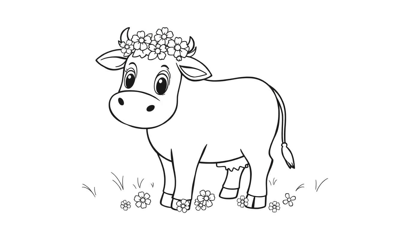 Una linda vaca con flores en blanco y negro para colorear, una placa de color.