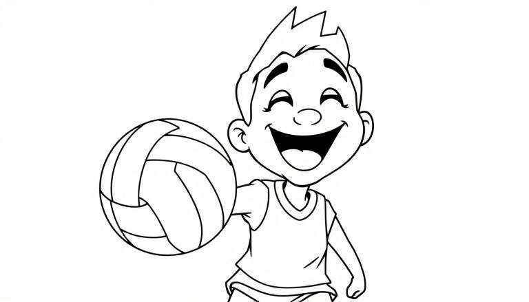Un niño feliz jugando al voleibol, listo para colorear en esta placa de color.