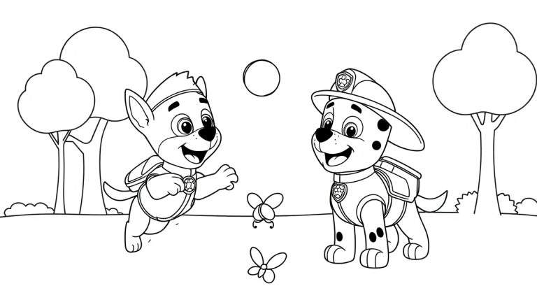 Dibujo lineal en blanco y negro de Chase y Marshall de la Patrulla Canina jugando en un parque con mariposas y un círculo vacío en el cielo. El dibujo está diseñado para ser una placa de color.