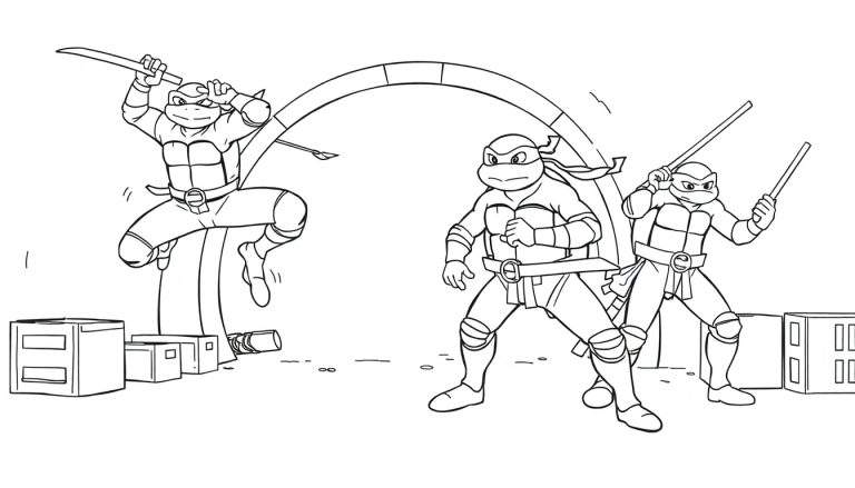 Las Tortugas Ninja están listas para la acción en esta placa de color, esperando a ser pintadas.