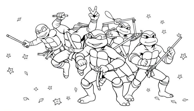 Las Tortugas Ninja listas para la acción en una placa de color para colorear.