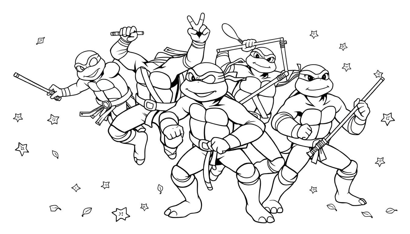 Las Tortugas Ninja listas para la acción en una placa de color para colorear.